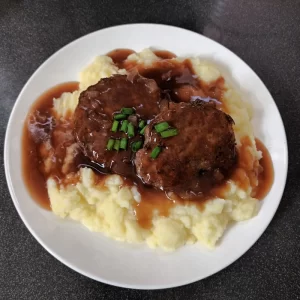 Beef Burgers Mash & Gravy, Some Cooking skills Needed.